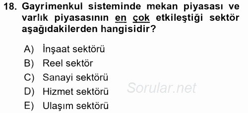 Gayrimenkul Ekonomisi 2017 - 2018 Ara Sınavı 18.Soru