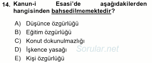 Temel İnsan Hakları Bilgisi 2 2015 - 2016 Ara Sınavı 14.Soru