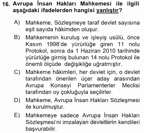 Temel İnsan Hakları Bilgisi 2 2015 - 2016 Ara Sınavı 16.Soru