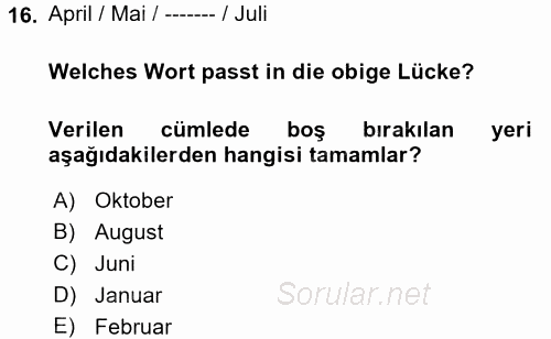 Almanca 1 2017 - 2018 Dönem Sonu Sınavı 16.Soru