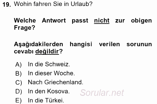 Almanca 1 2017 - 2018 Dönem Sonu Sınavı 19.Soru