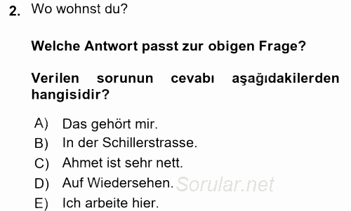 Almanca 1 2017 - 2018 Dönem Sonu Sınavı 2.Soru