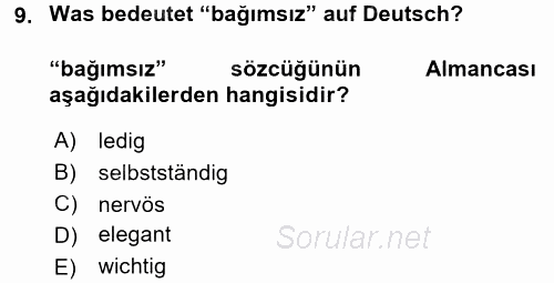 Almanca 1 2017 - 2018 Dönem Sonu Sınavı 9.Soru