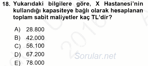 Sağlık Kurumlarında Maliyet Yönetimi 2016 - 2017 Ara Sınavı 18.Soru