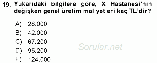 Sağlık Kurumlarında Maliyet Yönetimi 2016 - 2017 Ara Sınavı 19.Soru