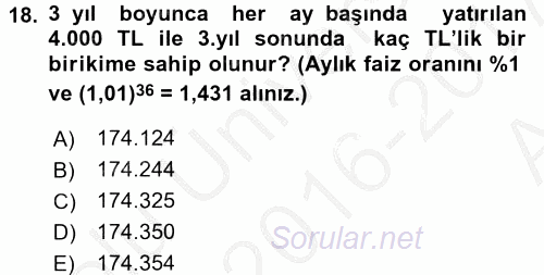 Finans Matematiği 2016 - 2017 Ara Sınavı 18.Soru