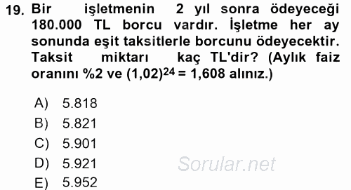 Finans Matematiği 2016 - 2017 Ara Sınavı 19.Soru