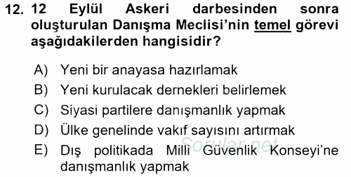 Türkiye Cumhuriyeti Siyasî Tarihi 2017 - 2018 Dönem Sonu Sınavı 12.Soru