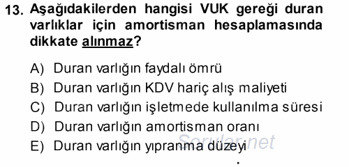 Envanter ve Bilanço 2014 - 2015 Tek Ders Sınavı 13.Soru