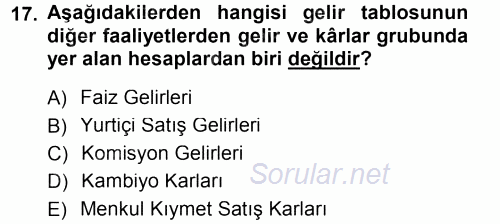 Envanter ve Bilanço 2014 - 2015 Tek Ders Sınavı 17.Soru