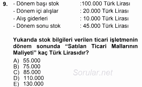 Envanter ve Bilanço 2014 - 2015 Tek Ders Sınavı 9.Soru