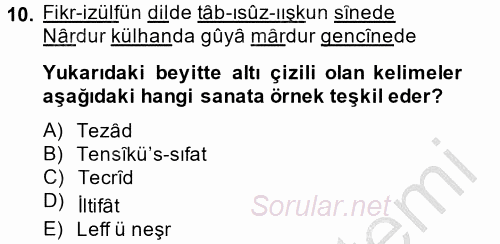 Eski Türk Edebiyatına Giriş: Söz Sanatları 2014 - 2015 Ara Sınavı 10.Soru