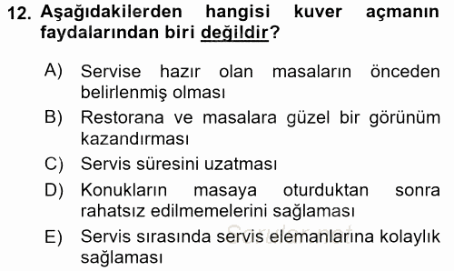 Yiyecek-İçecek Hizmetleri 2017 - 2018 Ara Sınavı 12.Soru