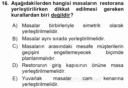 Yiyecek-İçecek Hizmetleri 2017 - 2018 Ara Sınavı 16.Soru