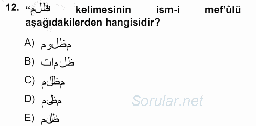 Osmanlı Türkçesi Grameri 1 2012 - 2013 Ara Sınavı 12.Soru