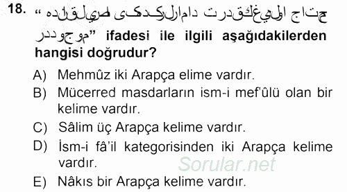 Osmanlı Türkçesi Grameri 1 2012 - 2013 Ara Sınavı 18.Soru