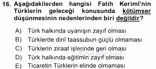 XIX. Yüzyıl Türk Dünyası 2017 - 2018 Ara Sınavı 16.Soru