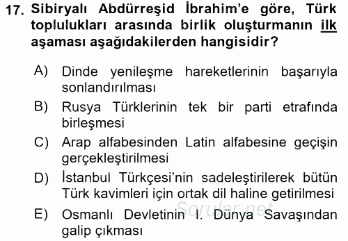 XIX. Yüzyıl Türk Dünyası 2017 - 2018 Ara Sınavı 17.Soru