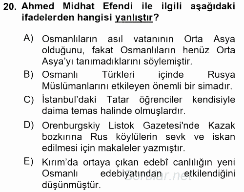 XIX. Yüzyıl Türk Dünyası 2017 - 2018 Ara Sınavı 20.Soru