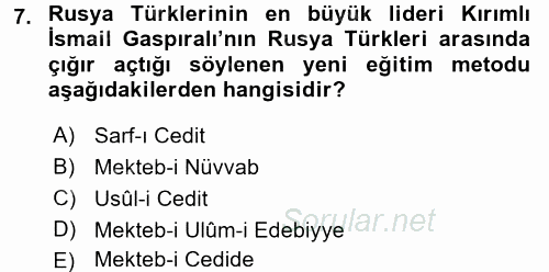 XIX. Yüzyıl Türk Dünyası 2017 - 2018 Ara Sınavı 7.Soru
