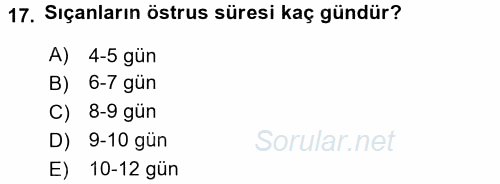 Laboratuvar Hayvanlarını Yetiştirme ve Sağlığı 2015 - 2016 Ara Sınavı 17.Soru