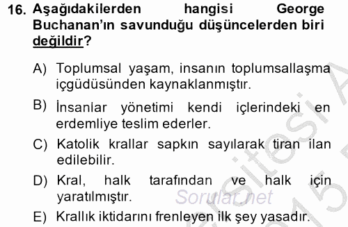 Siyasi Düşünceler Tarihi 2014 - 2015 Ara Sınavı 16.Soru