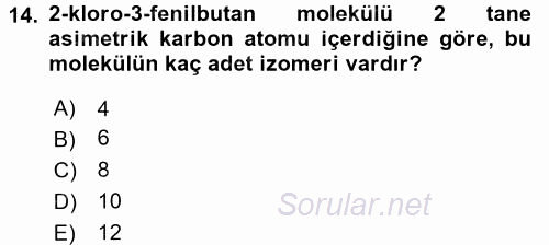 Hücre Kimyası 2016 - 2017 Dönem Sonu Sınavı 14.Soru