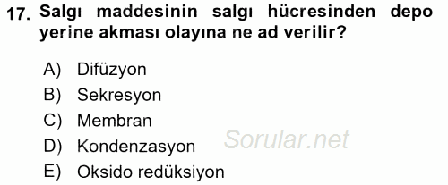 Hücre Kimyası 2016 - 2017 Dönem Sonu Sınavı 17.Soru