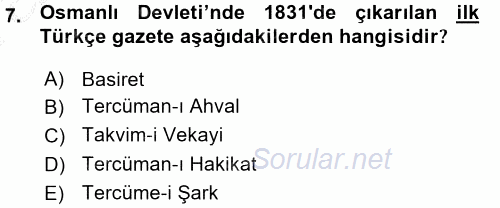 Atatürk İlkeleri Ve İnkılap Tarihi 1 2015 - 2016 Ara Sınavı 7.Soru