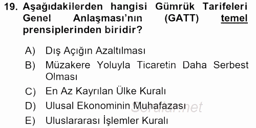 Dış Ticaretle İlgili Kurumlar ve Kuruluşlar 2016 - 2017 Dönem Sonu Sınavı 19.Soru