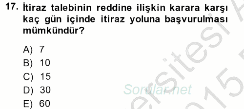 Vergi Yargılaması Hukuku 2014 - 2015 Dönem Sonu Sınavı 17.Soru