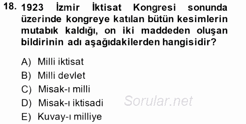 Türk Siyasal Hayatı 2014 - 2015 Tek Ders Sınavı 18.Soru