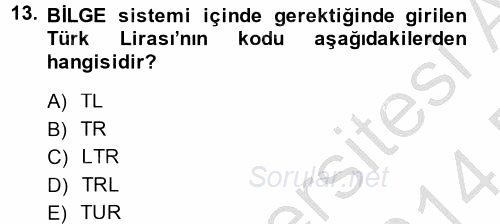 Dış Ticarette Bilgisayar Uygulamaları 2013 - 2014 Dönem Sonu Sınavı 13.Soru