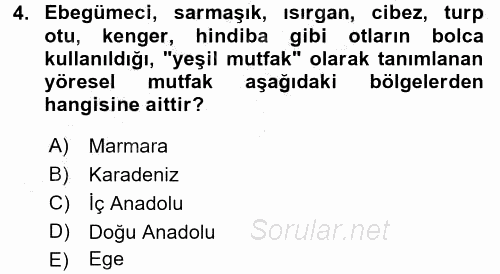 Yöresel Mutfaklar 2016 - 2017 Ara Sınavı 4.Soru