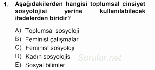 Toplumsal Cinsiyet Sosyolojisi 2012 - 2013 Dönem Sonu Sınavı 1.Soru