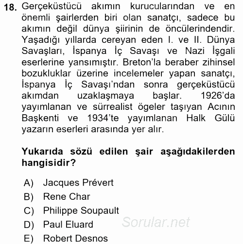 Batı Edebiyatında Akımlar 2 2017 - 2018 Ara Sınavı 18.Soru