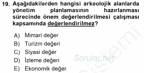 Arkeolojik Alan Yönetimi 2016 - 2017 Ara Sınavı 19.Soru