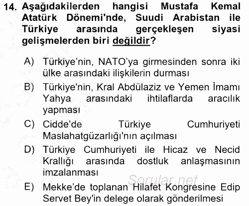 Modern Ortadoğu Tarihi 2016 - 2017 Ara Sınavı 14.Soru
