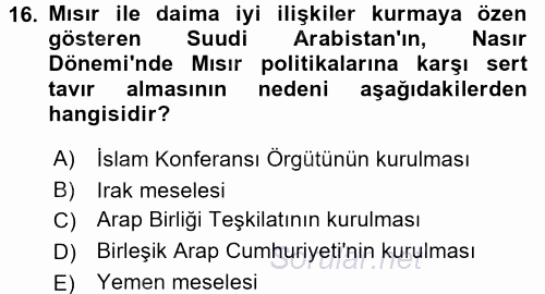 Modern Ortadoğu Tarihi 2016 - 2017 Ara Sınavı 16.Soru