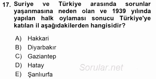 Modern Ortadoğu Tarihi 2016 - 2017 Ara Sınavı 17.Soru