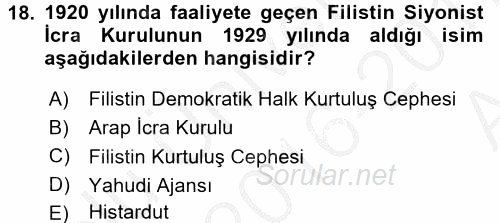 Modern Ortadoğu Tarihi 2016 - 2017 Ara Sınavı 18.Soru