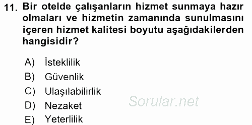 Konaklama Hizmetlerinde Kalite Yönetimi 2015 - 2016 Dönem Sonu Sınavı 11.Soru