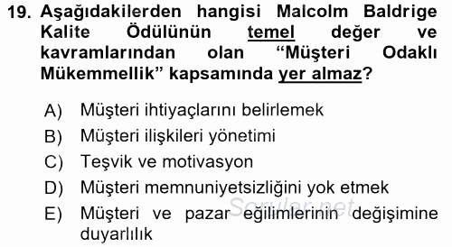 Konaklama Hizmetlerinde Kalite Yönetimi 2015 - 2016 Dönem Sonu Sınavı 19.Soru