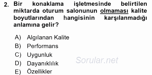 Konaklama Hizmetlerinde Kalite Yönetimi 2015 - 2016 Dönem Sonu Sınavı 2.Soru