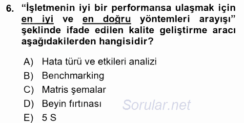 Konaklama Hizmetlerinde Kalite Yönetimi 2015 - 2016 Dönem Sonu Sınavı 6.Soru
