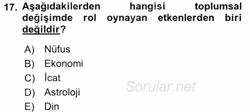 Din Sosyolojisi 2017 - 2018 Ara Sınavı 17.Soru