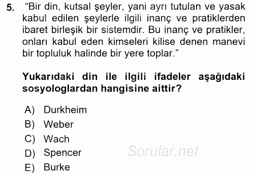 Din Sosyolojisi 2017 - 2018 Ara Sınavı 5.Soru