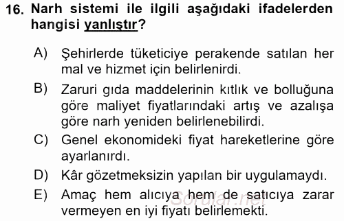Osmanlı İktisat Tarihi 2015 - 2016 Dönem Sonu Sınavı 16.Soru