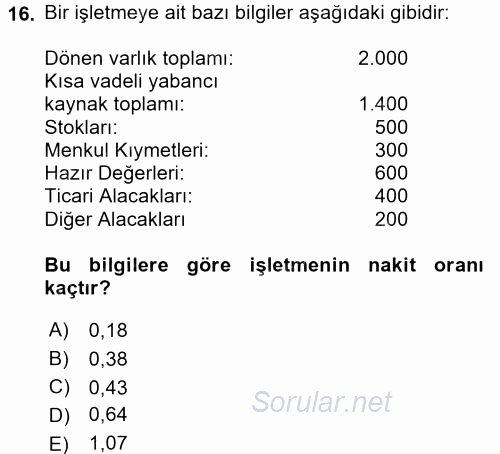 Mali Analiz 2016 - 2017 3 Ders Sınavı 16.Soru