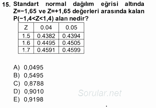 Coğrafi Bilgi Sistemleri İçin Temel İstatistik 2014 - 2015 Ara Sınavı 15.Soru